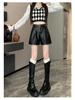 Women's 2024 Autumn/Winter Black High-Waisted Leather Wide-Leg Shorts - Casual, Slimming, Versatile Boot Pants