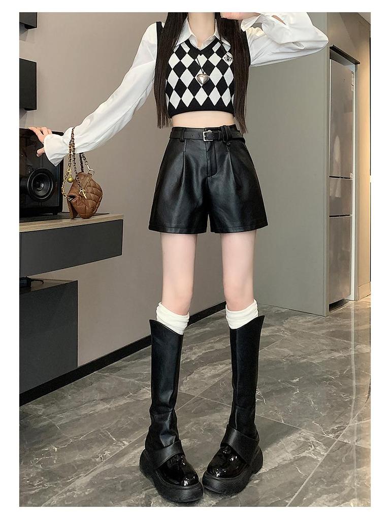 Women's Black PU Leather High-Waisted A-Line Shorts - Wide-Leg, Casual, Slimming, Autumn/Winter 2025