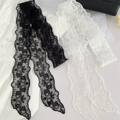 Y2K Women Narrow Long Scarf Solid Color Silk Black Bag Ribbon Headbands Choker Floral Lace Scarf