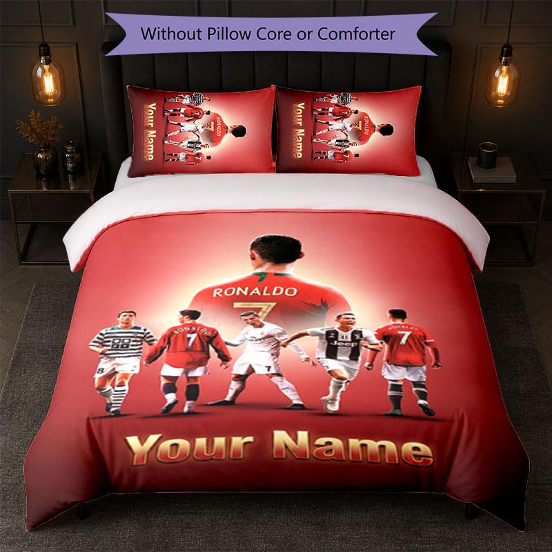 Set Biancheria da Letto Personalizzato Cristiano Ronaldo con Nome Testo 1 Copripiumino+2 Federe Logo Calcio Regalo Personalizzato per Occasione Speciale Arredamento Camera da Letto