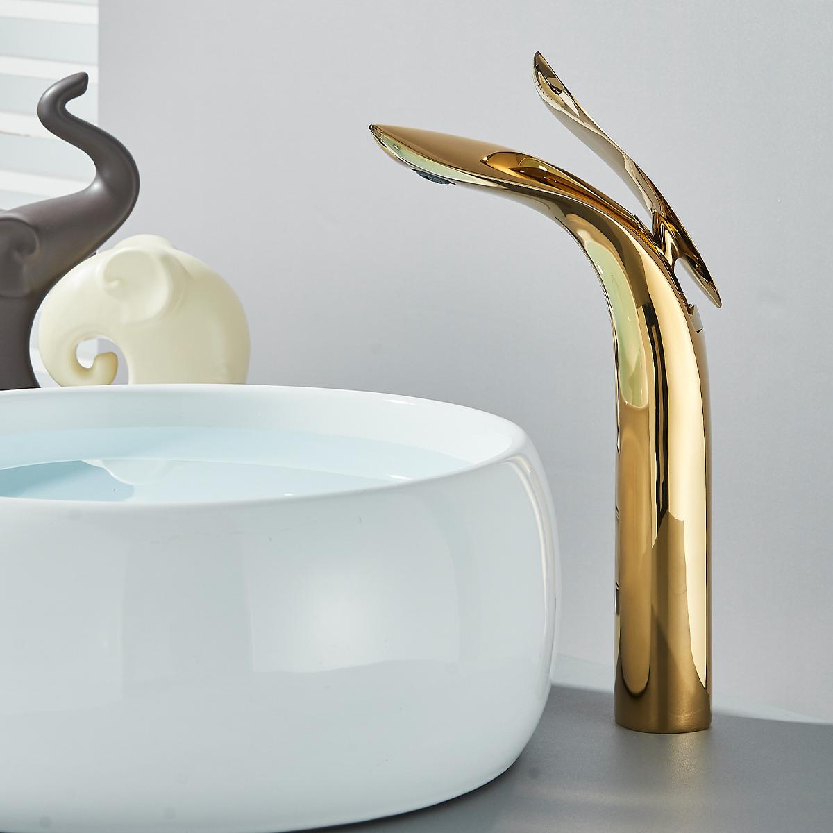 

FMHJFISD Смеситель для раковины, минималистский дизайн, однорычажный смеситель для горячей и холодной воды, одноотверстие, кран для раковины, монтируемый на бортик золотистый