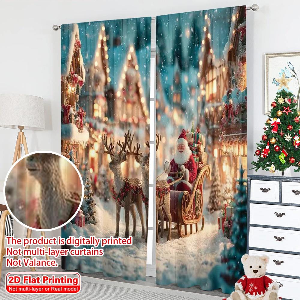 2pcs 2D flat printing Merry Christmas Popular Window Drapes Christmas sleigh Versatile 100% Polyester Without Electricity