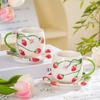 3D 350ml Handmade Ceramic Strawberry Coffee Mug with Saucer Set, Relief Floral Design, Kawaii Tea Cup
