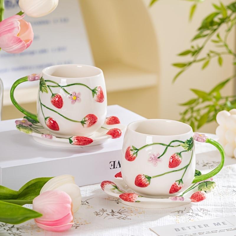 3D 350ml Handmade Ceramic Strawberry Coffee Mug with Saucer Set, Relief Floral Design, Kawaii Tea Cup