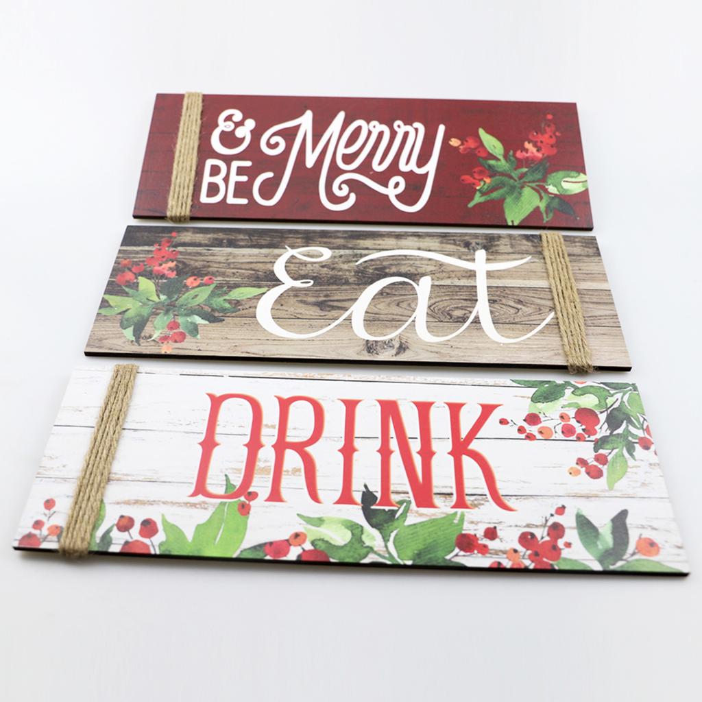 3PCS Christmas Wood Home Sign Be Merry & Eat & Drink Pattern Merry Christmas Front Door Sign for