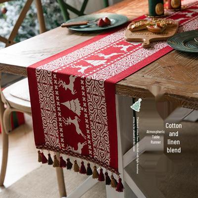 Jacquard Yarn-Dyed Christmas Snowman Reindeer Tassel Polyester Table/Bed Runner