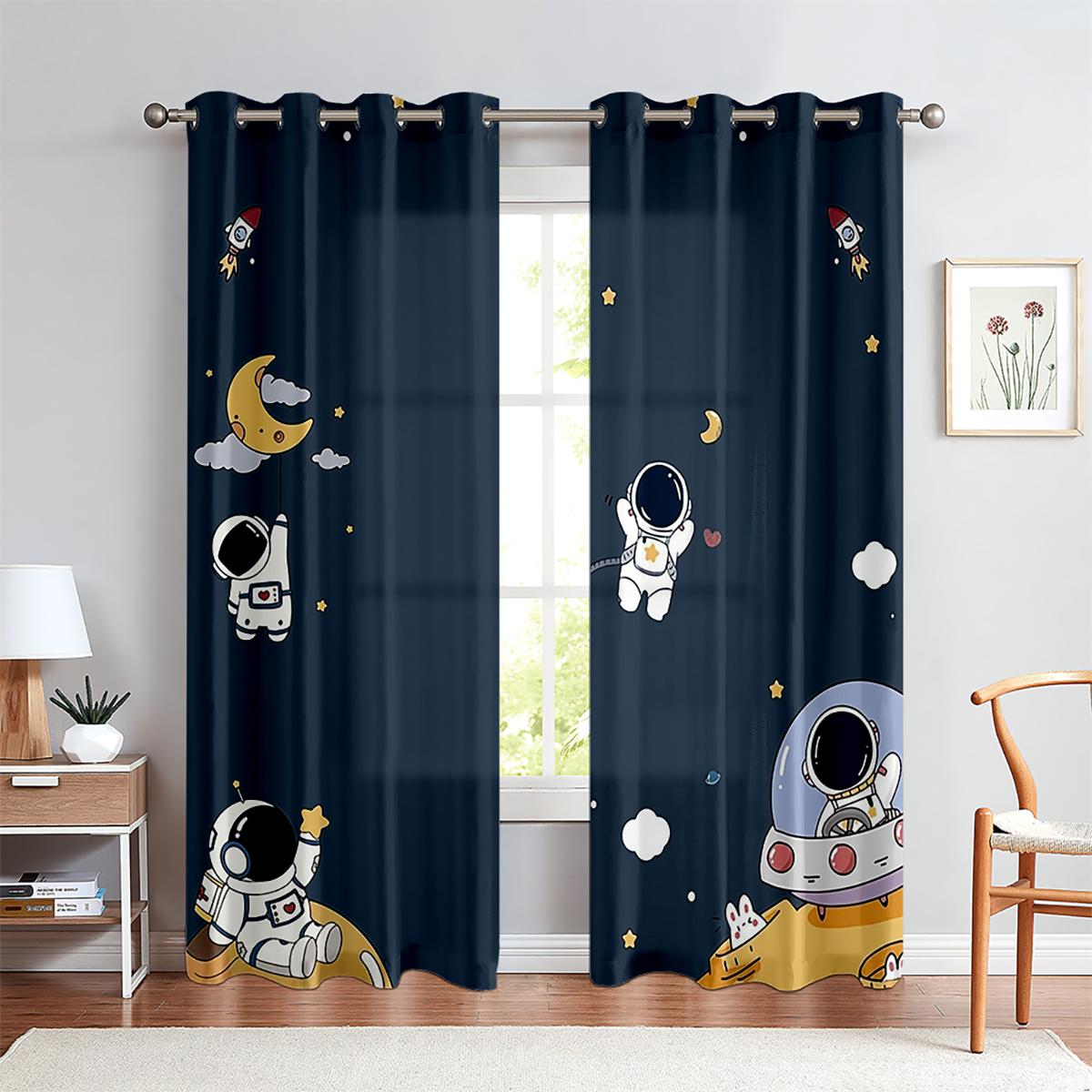 

3D Cartoon Style Spaceflight Astronaut Rocket Satellite Window Curtains 2 Panelss Children Loved Room Bedroom Space Den Window Decor Window Curtains W50X130H(CM)X2PCS&Grommet Top