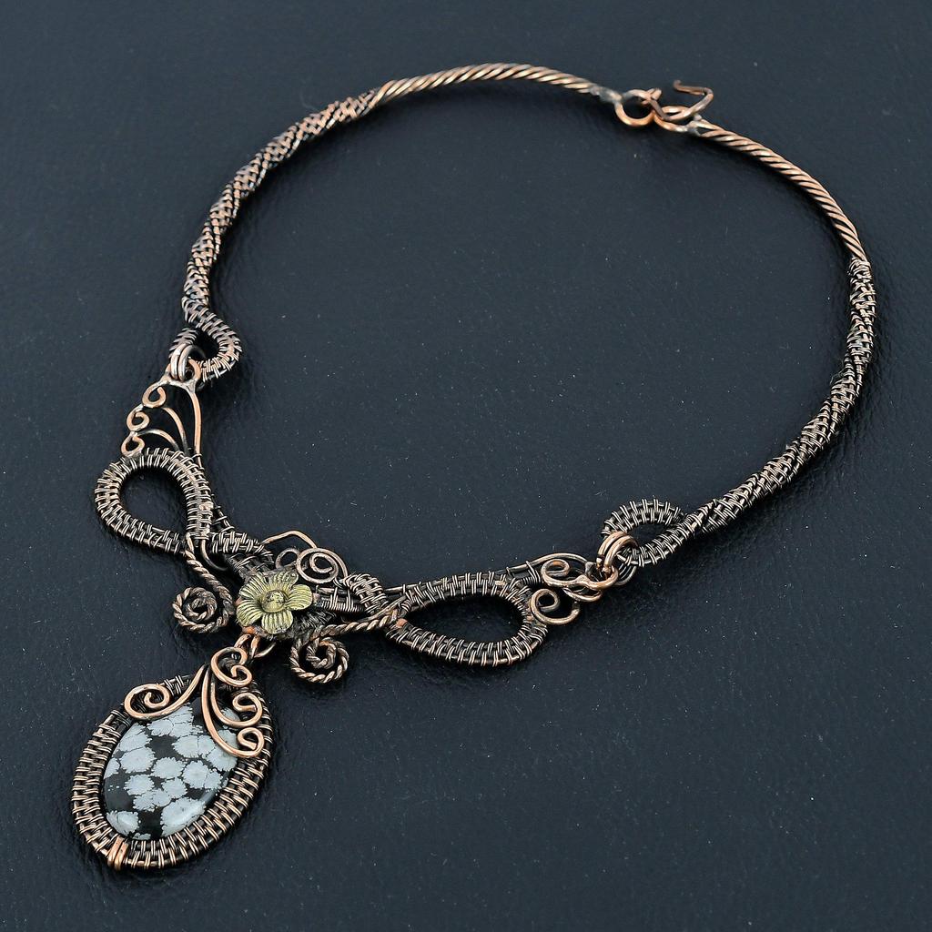 Snowflake Obsidian Necklace, 999 Copper Wire Wrapped Gemstone Handmade Dainty Jewelry Necklace, Adjustable Chain Necklace Gift For Her