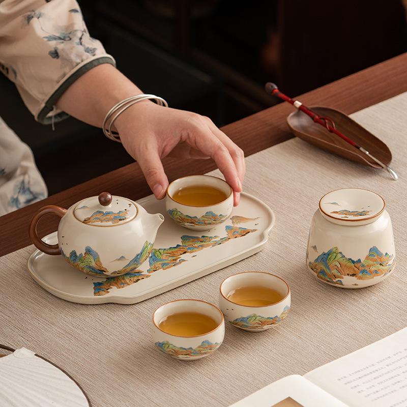 "A Thousand Li of Rivers and Mountains" Luxury Tea Set – Teapot & Teacups Gift for Teachers, Elders, Leaders