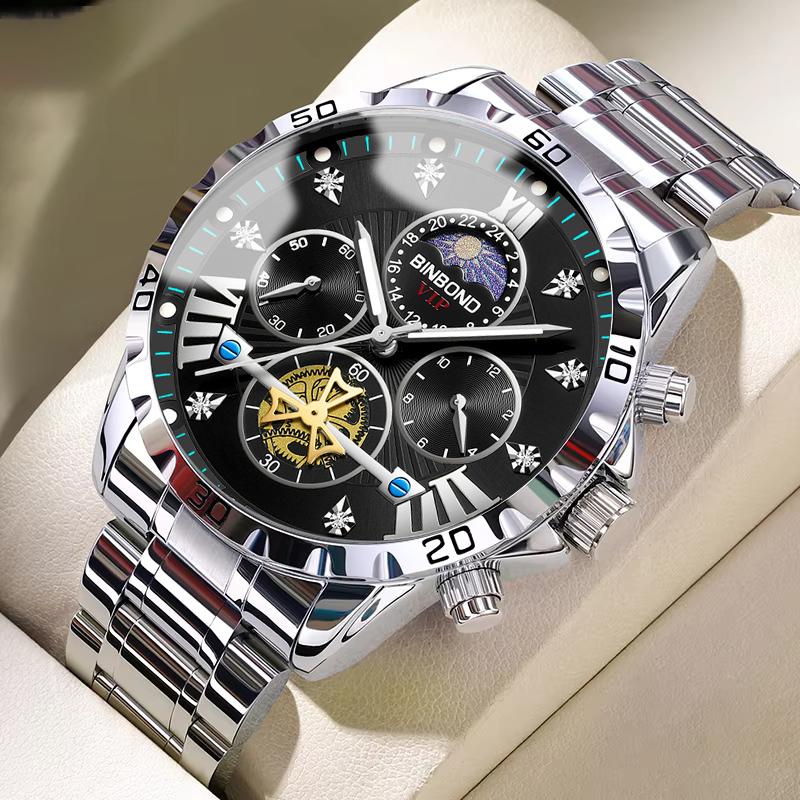 BINBOND Trend Fashion Men Watches Fine Steel Original Brand Quartz Wristwatch for Man Flywheel Chronograph Moon Phase Waterproof