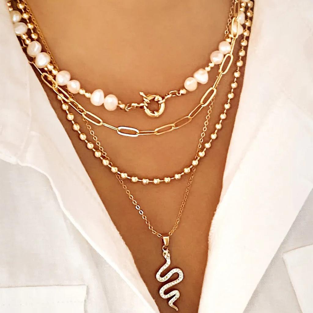 Böhmische Kunstperlenkette mit Zirkonschlange-Anhänger für Damen