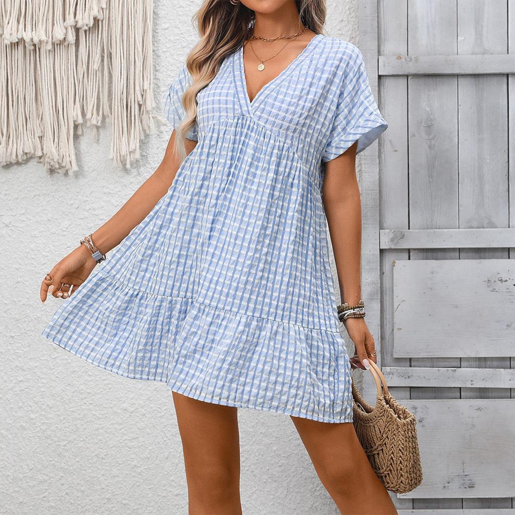 Women's Fashionable Checkered V-neck Short Sleeved Ruffled Holiday Loose Dress