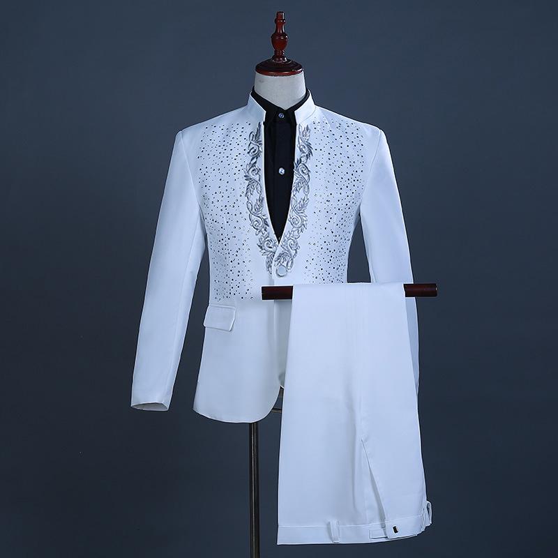 

Men s Rhinestone Flower Stand-Collar Suit Set for Formal Events and Performances 2XL