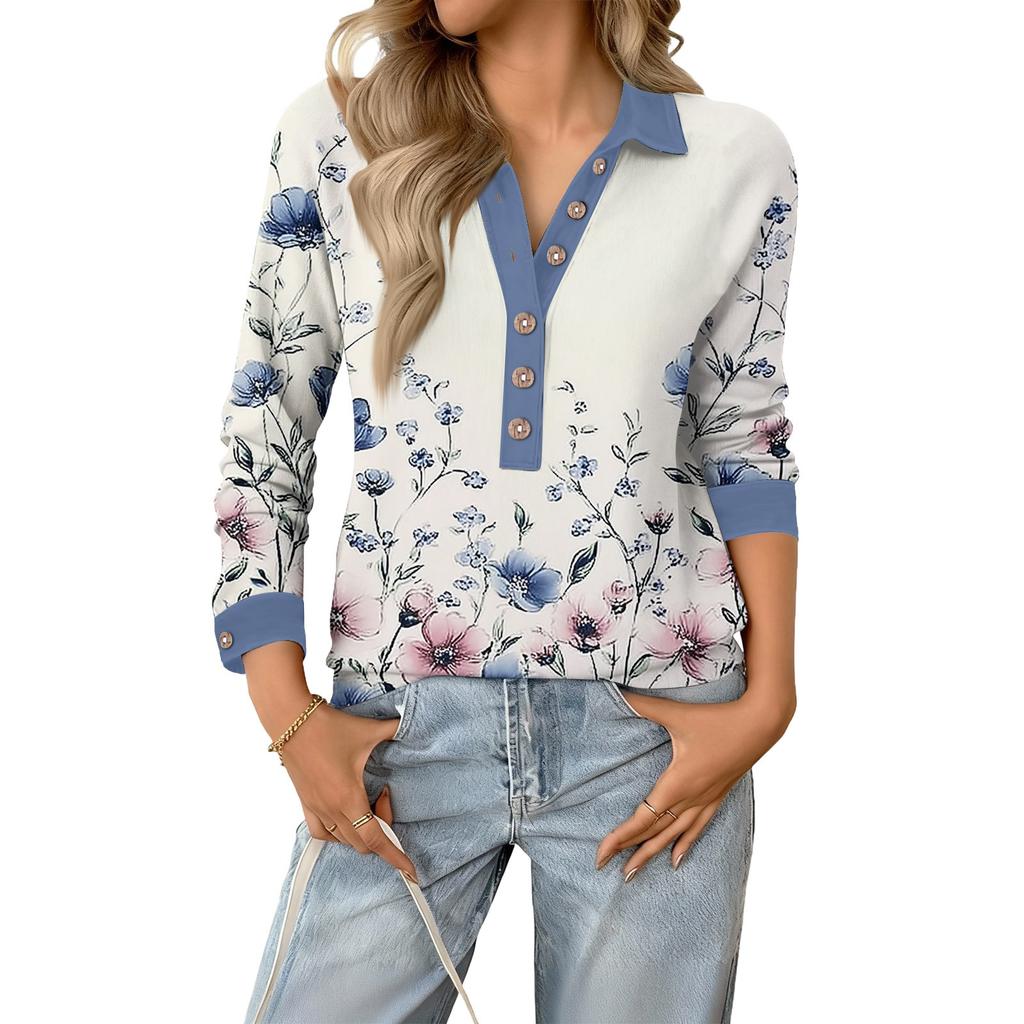 Damen Retro Street Lässiges V-Ausschnitt Langarm Knopf Floral Print Pullover Top