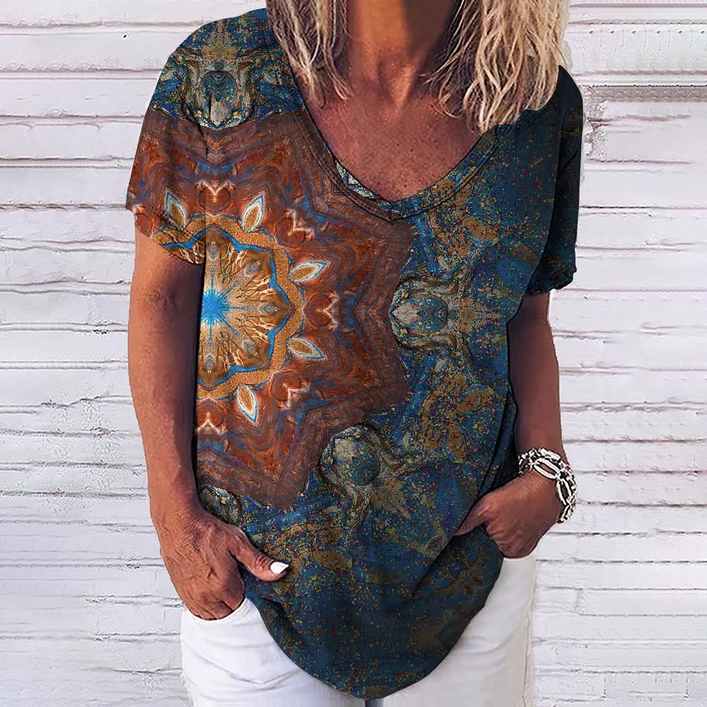Summer T Shirt For Women 3d Fashion Geometric Print V Neck Short Sleeve Basic Tops Streetwear Casual Oversized Female Clothing