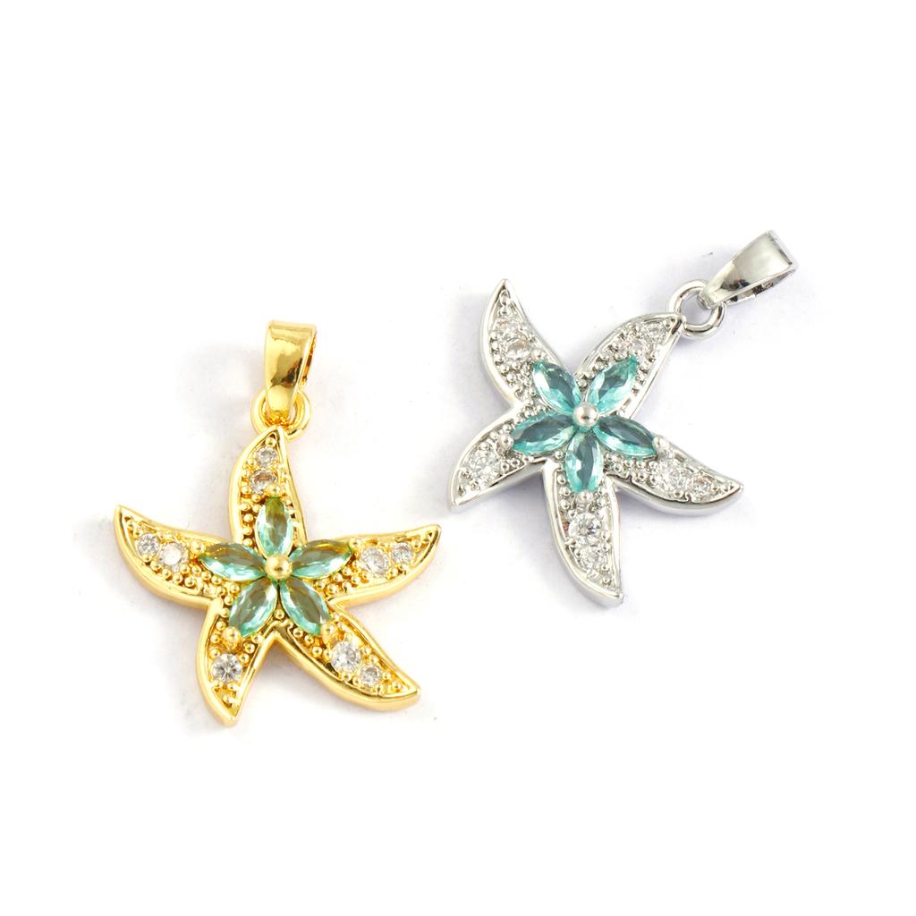 2 Pcs Brass Ocean Jewelry Charm Pendant Gold Plated Starfish Micro Pave Blue Rhinestone For Necklace DIY Making 24mm X 18mm
