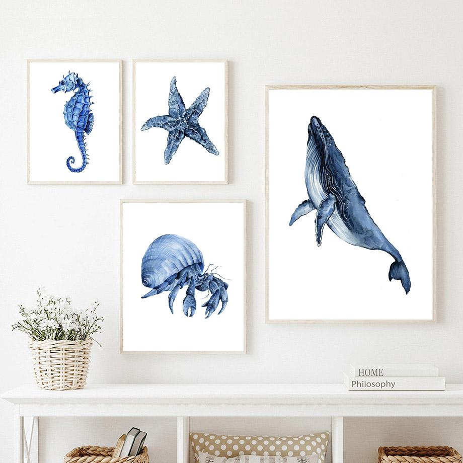 Whale Dolphin Crab Fish Octopus Seahorse Coral Ocean Posters And Prints Canvas Painting Wall Art Pictures Kids Room Home Decor