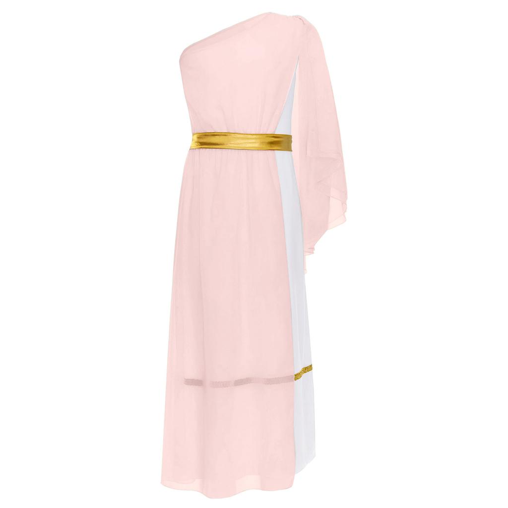 Girls Ancient Greek Roman Costume Single Shoulder Tulle Shawl Patchwork Flowy Dress Waistband Toga Party Outfit