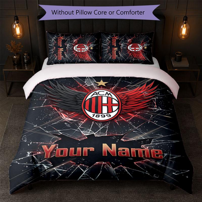 AC Milan Custom Name Text Bedding Set 1 Duvet Cover+2 Pillowcases Soccer Logo Personalized Gift For Special Occasion Bedroom Decor
