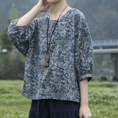Summer Women's Clothing Ethnic Printed Cotton Linen Blouse Top Round Neck Seven Quarter Sleeves T Shirts