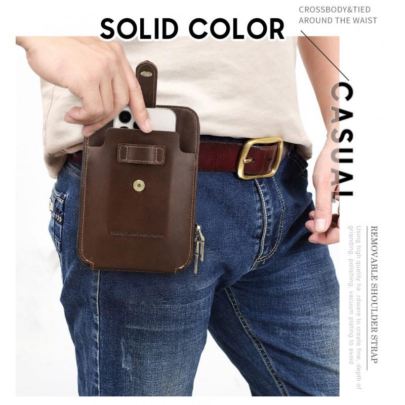 Retro Top Layer Cowhide Fashionable Large Screen Mobile Waist Bag Multifunctional Genuine Leather Men's Shoulder Crossbody