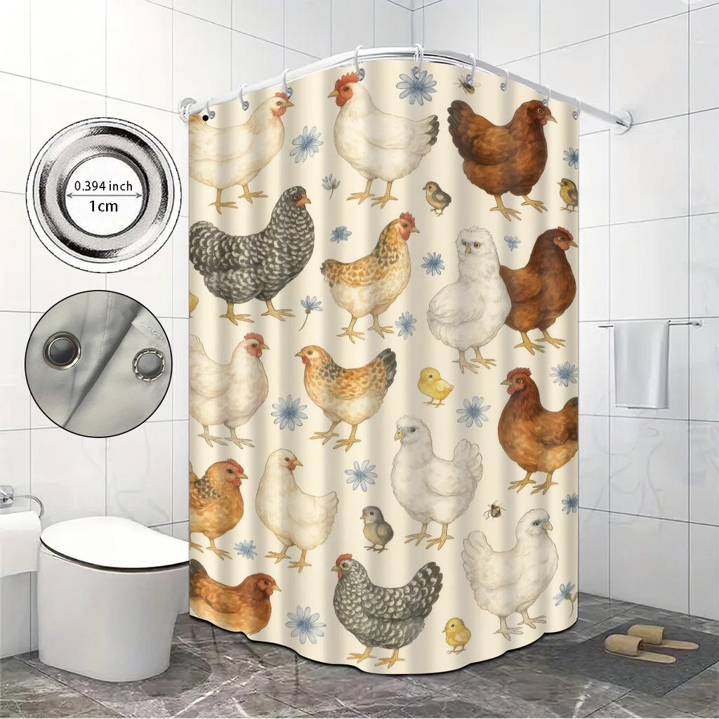 1pc Countryside Style Hen Print Waterproof Shower Curtain Bathroom Partition Privacy Multiple Sizes 12 Hooks Easy To Install