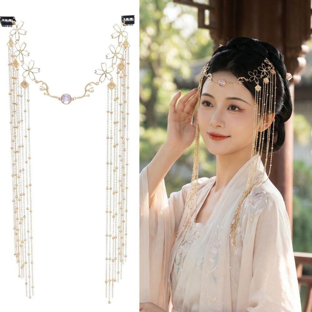 Golden Rhinestone Head Chain Long Tassel Forehead Chain Fashion Retro Hairpin  Women's Hair Jewelry