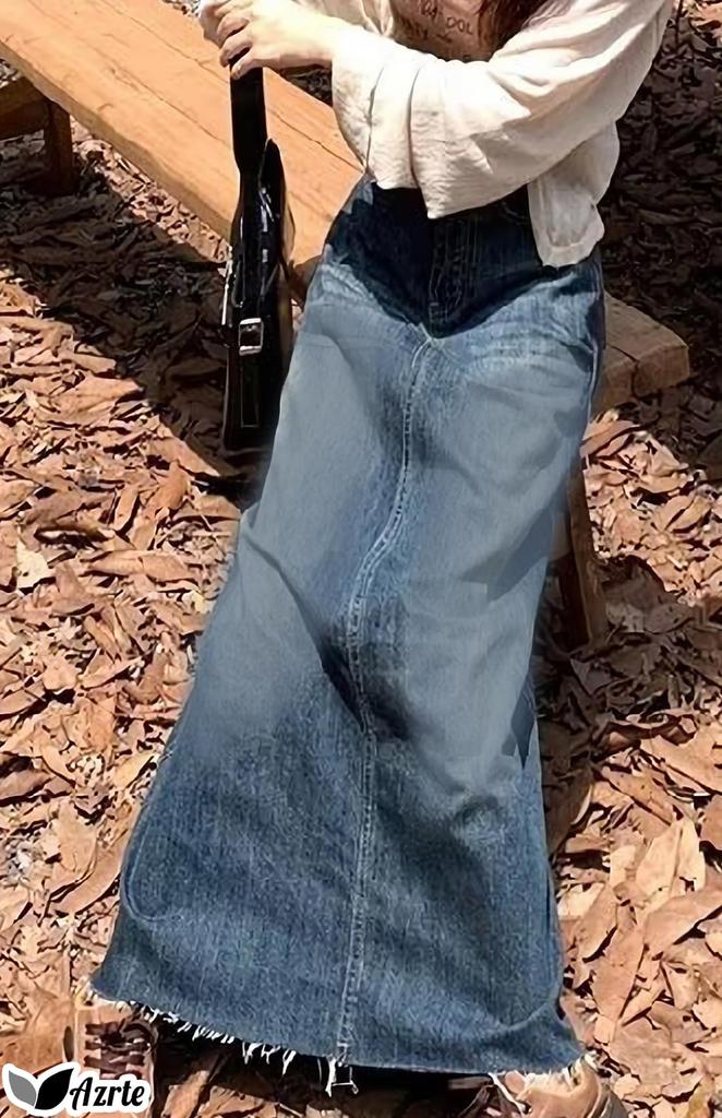 Azulte Denim Daily Long Size L Skirt, Casual, Trendy, All-Season, Vintage-Style, Leg-Lengthening, Casual, Wear, Maxi, Distressed, High-Waist, 310,