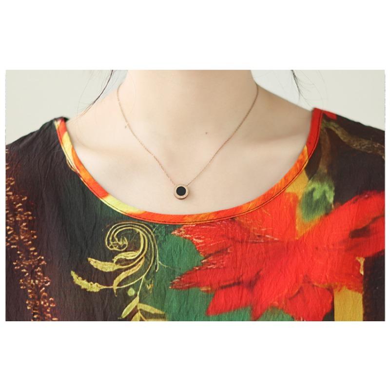 Dimanaf 2024 Plus Size Women Summer Beach Vintage O-Neck Dress Elegant Lady Print Long Dress Style Loose Dress