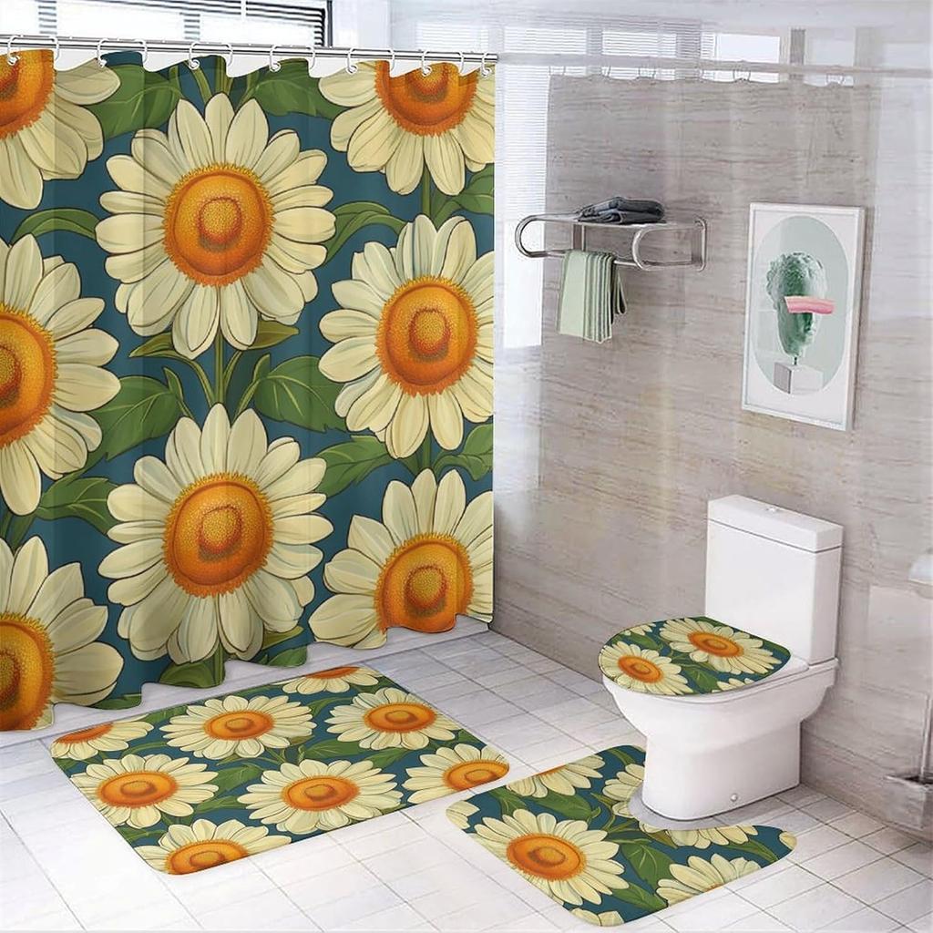 Bathroom Curtain And Rug Set, Sunflower Pattern Printed On Shower Curtain And Bath Mat Set, Designed For Farmhouse Contemporary