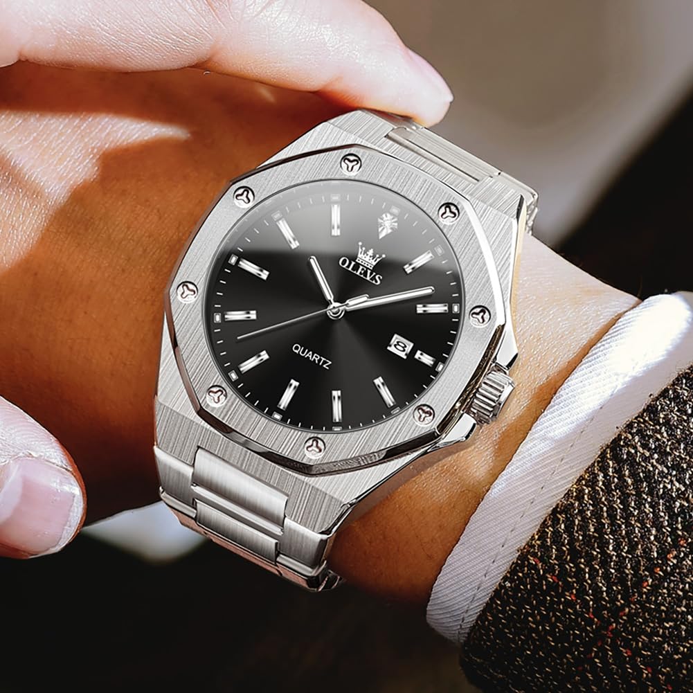 Olevs Octagonal Analog Stainless Large Date Black Men's Watch, Silver, Waterproof, Quartz, Steel, Men's, Dial,
