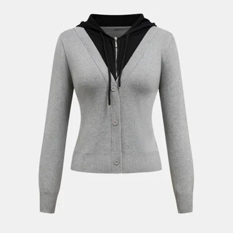 Women's Hooded Knit Long Sleeve Slim Solid Colour Splicing Bottom Shirt Top