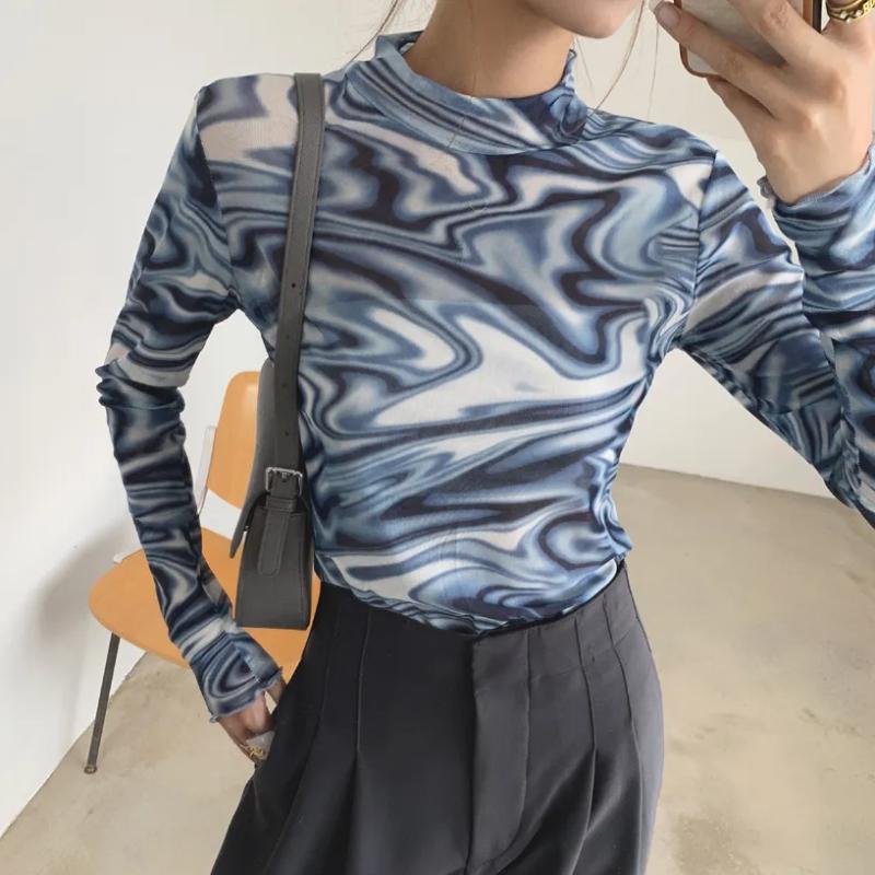 

Модна жіноча футболка з принтом тай-дай, напівгольф, з довгим рукавом, облягаюча, базова, з круглим вирізом Onesize синій