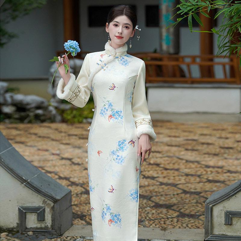 White velvet winter clothing national style new Chinese long-sleeved cheongsam winter thick improved young women's high sense