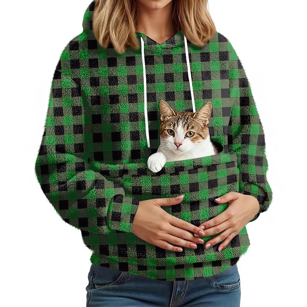 Women's Fashionable Casual Fleece Lined Long Sleeve Pocket Hooded Printed Sweatshirt