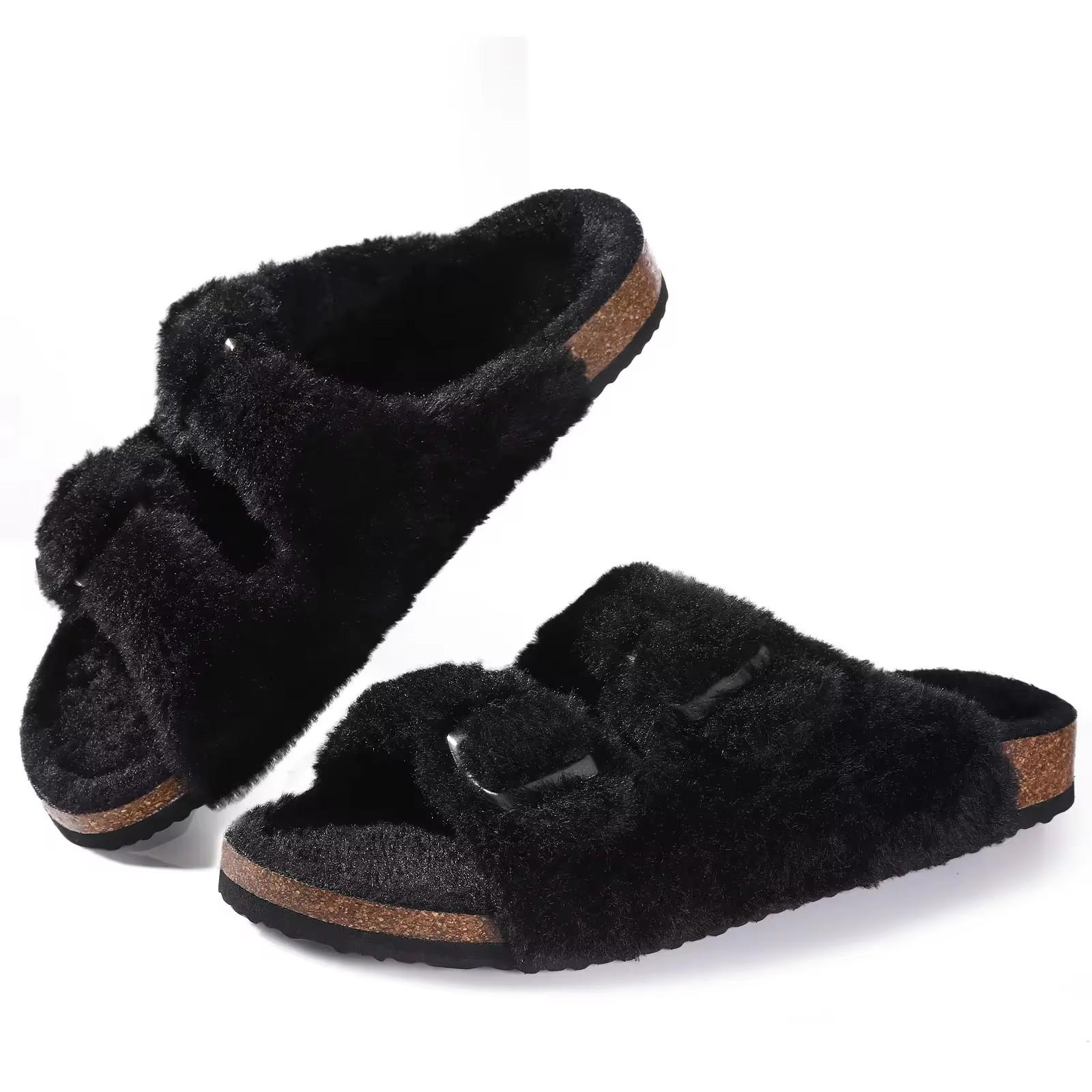 Mode Crestar Pelz Fuzzy Kork Hausschuhe für Damen Mode Plüsch Zehenoffene Clogs Hausschuhe Winter Warme Flauschige Hausschuhe Pelzige Hausschuhe 37 schwarz