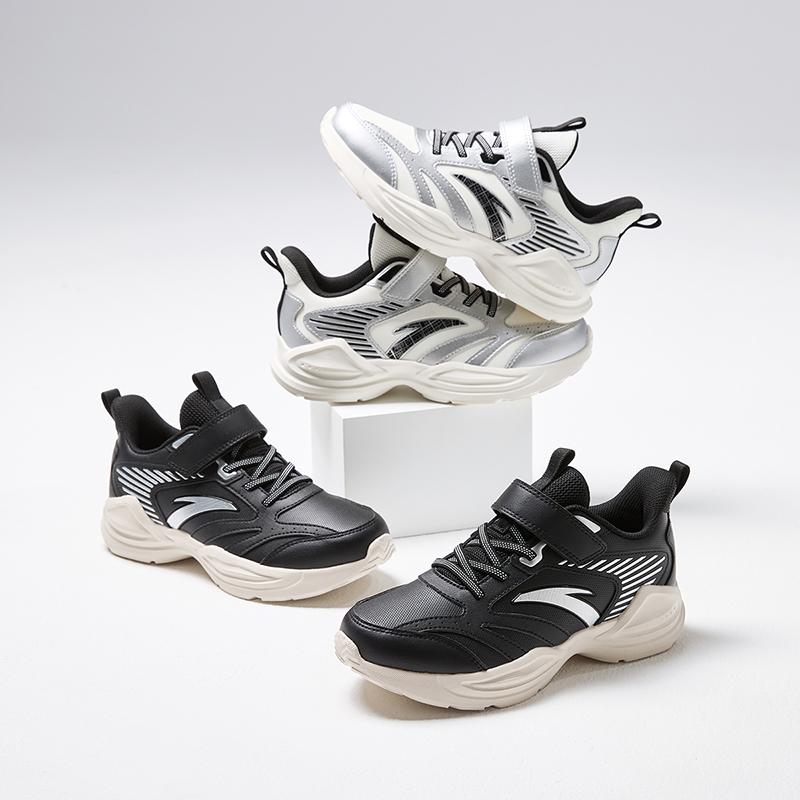 ANTA Boys Cushioned Velcro Strap Casual Sneakers Black Silver Off White A12435522N-2