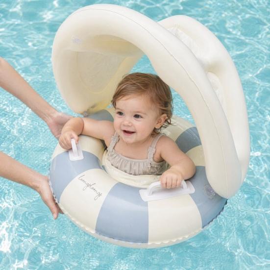 Inel de înot pentru bebeluși cu copertină detașabilă, Gonflabil cu dungi, Scaun plutitor pentru piscină cu mâner, Inel pentru piscină cu protecție solară pentru copii mici