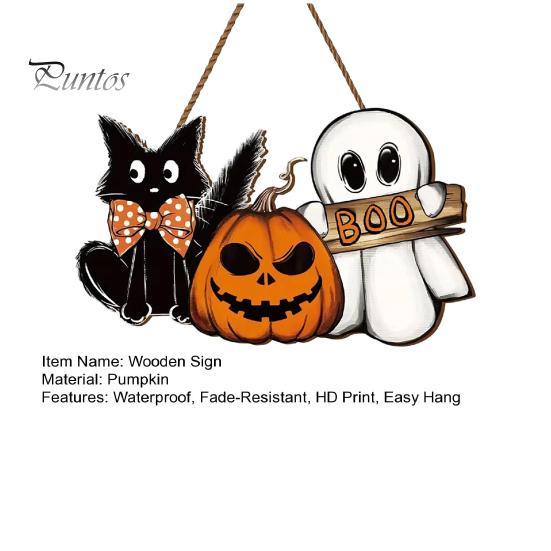 Halloween Window Display Wooden Door Sign, Pumpkin Ghost Boo Black Cat Welcome Hanging Wood Decor Sign for Trick or Treat Party Indoor Outdoor
