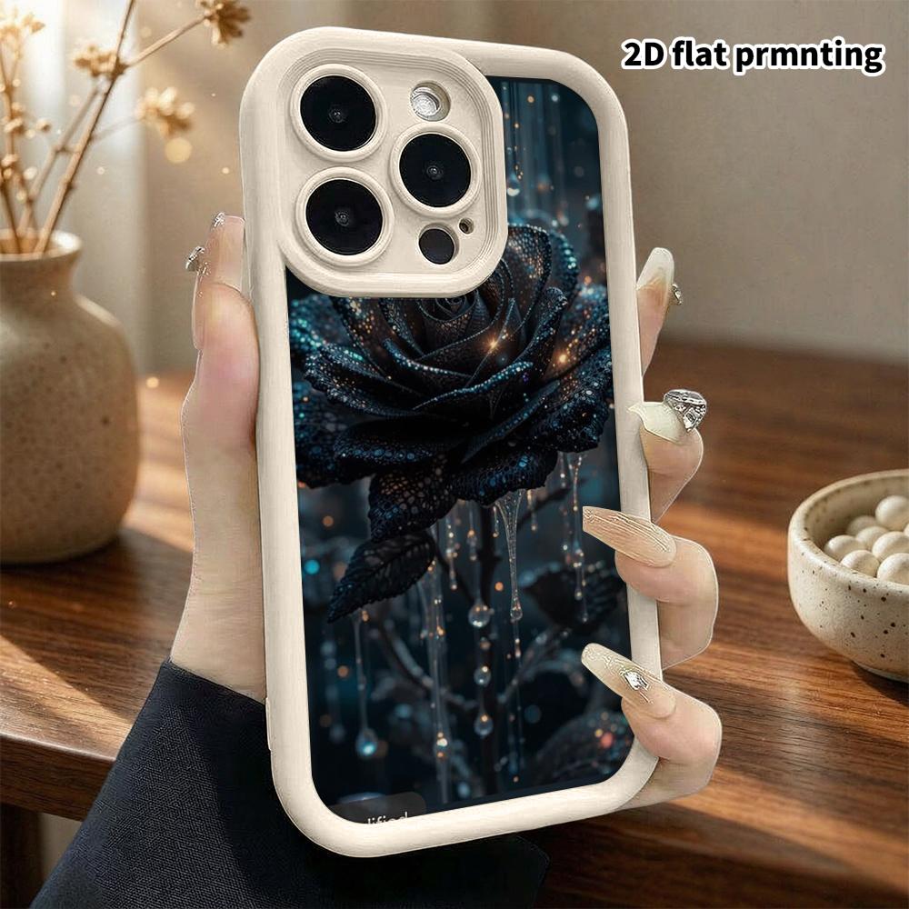 Phone Case: 2D Flat Design Suitable for iPhone 18 17 16 15 14 13 Pro Stepped Protective Case, Hollow Black Rose, Christmas and Halloween Gift