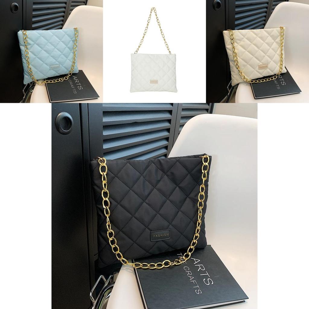 Stylish Nylon Quilted Chain Bucket Bag For Women Trendy Street Fashion Handbag