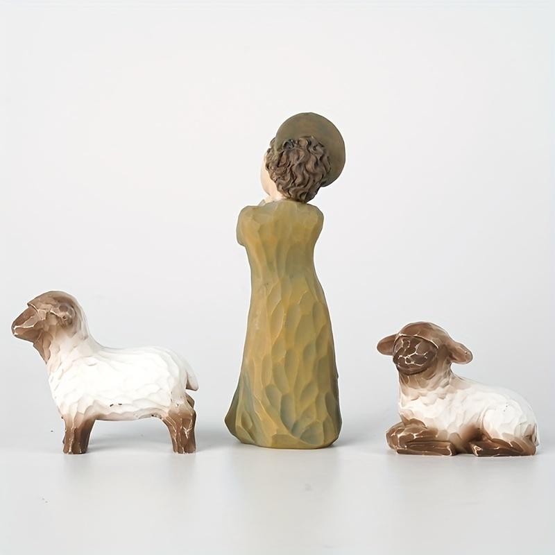 3pcs/set Shepherdess Decoration, Mini Carved Hand Painted Nativity Figure For Christmas Decoration, Resin Shepherdess