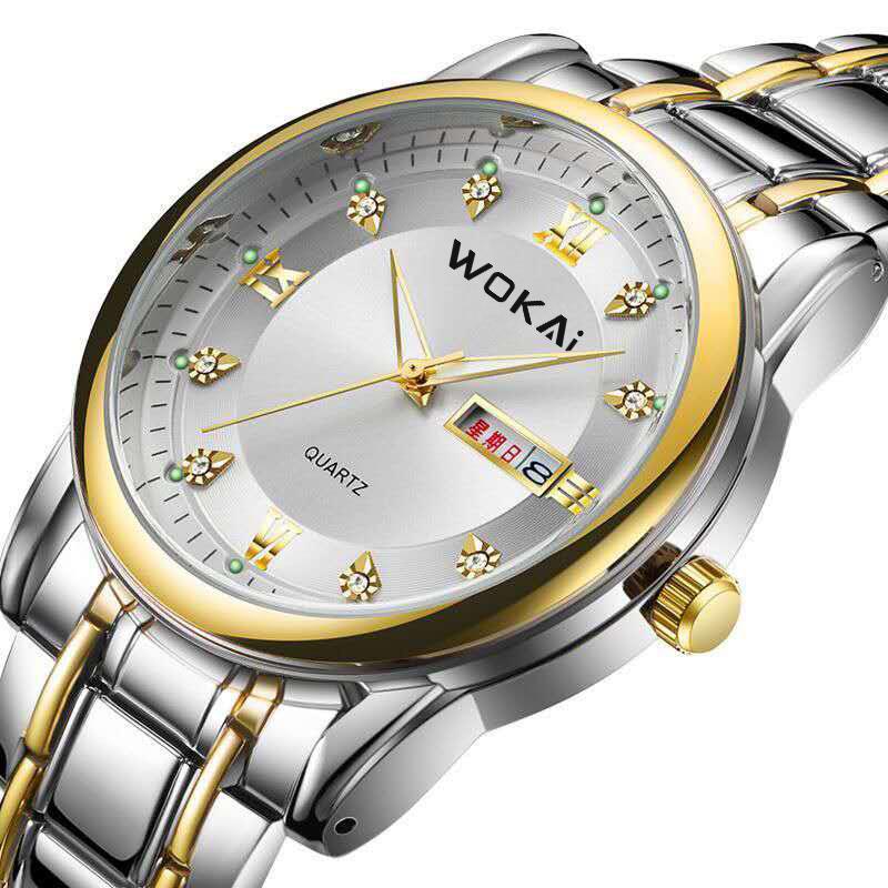 Men s Waterproof Quartz Steel Band Watch with Double Calendar