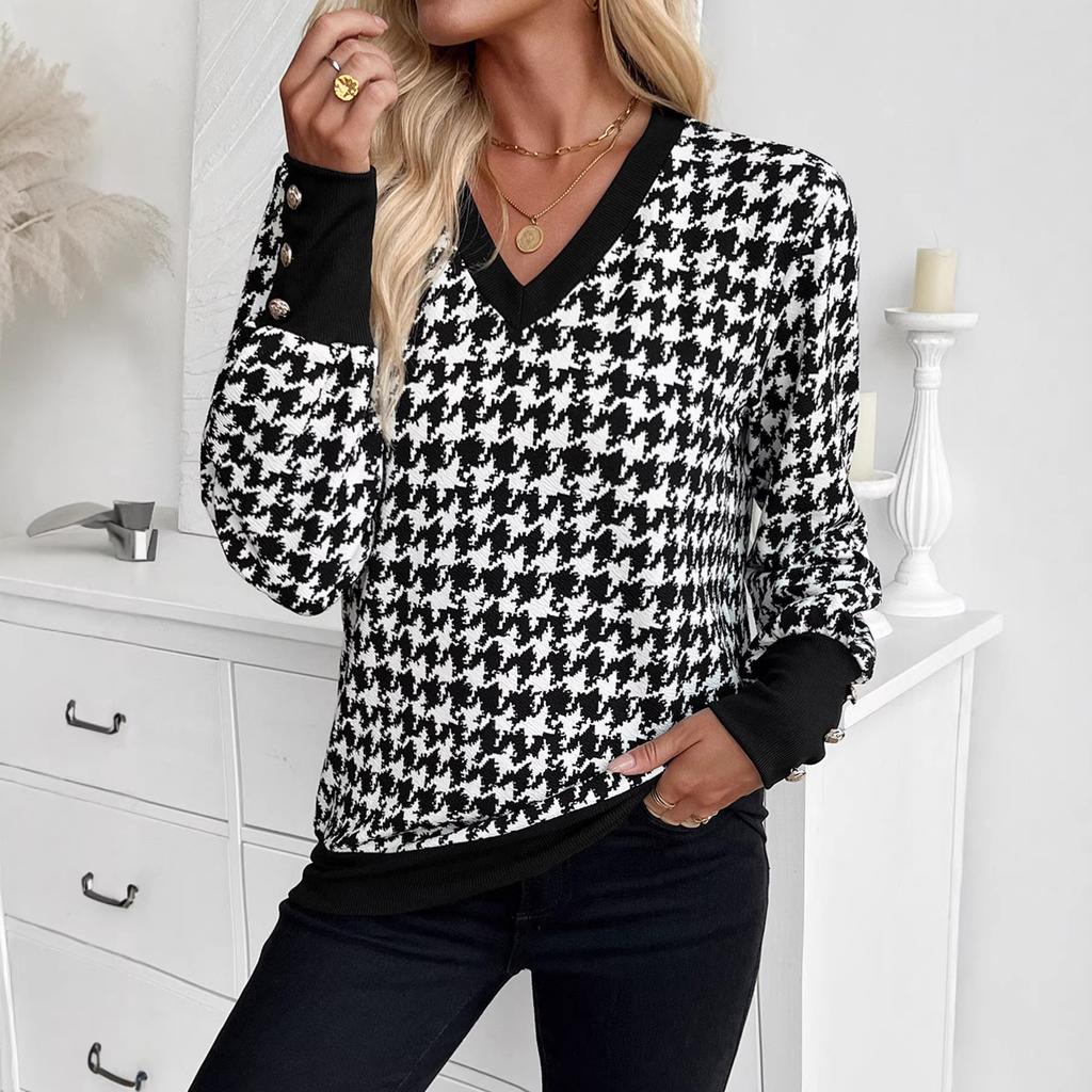 Spring Ladies Print Sweatshirt V Neck Long Sleeve T Shirt Top Women Fashion Daily Basic Office Lady Casual Slim Fit Ladies Elegant Long Sleeve Top