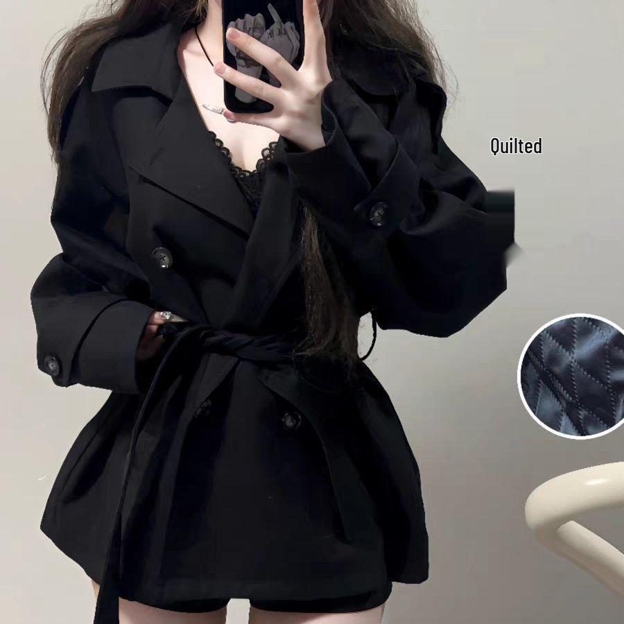 

Женский маленький черный двубортный тренч - осенне-зимний стиль с акцентом на талии S