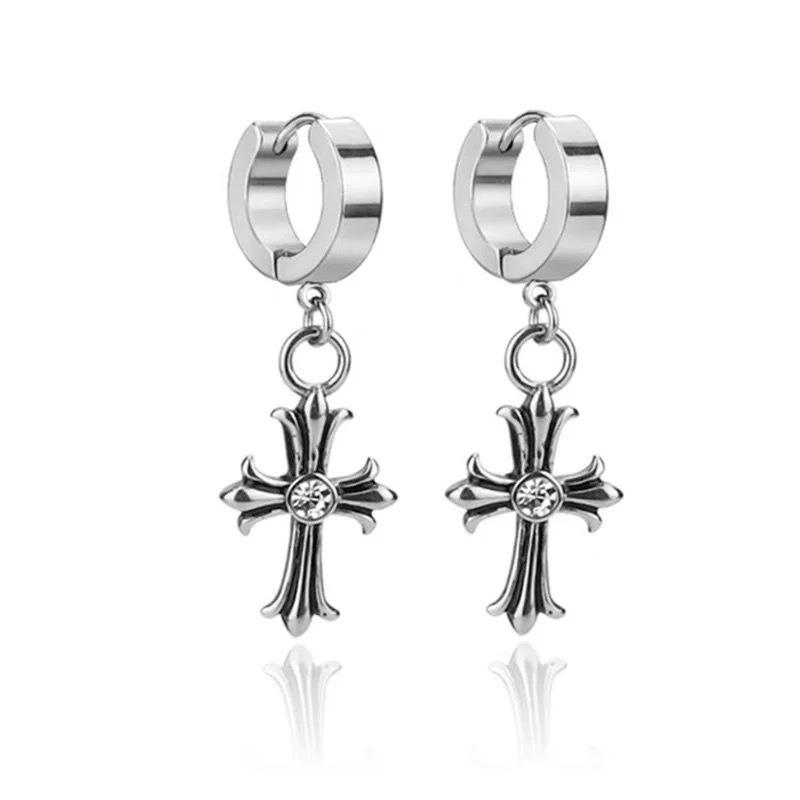 Vintage Trendy Cross Dangle Clip On Earrings For Men Hip Hop Fashion Jewelry