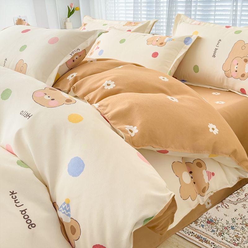 Simple Class A Washed Cotton Four-piece Bedding Set Princess Style Printed Quilt Cover Dormitory Bed Sheet Three-piece Quilt Cover