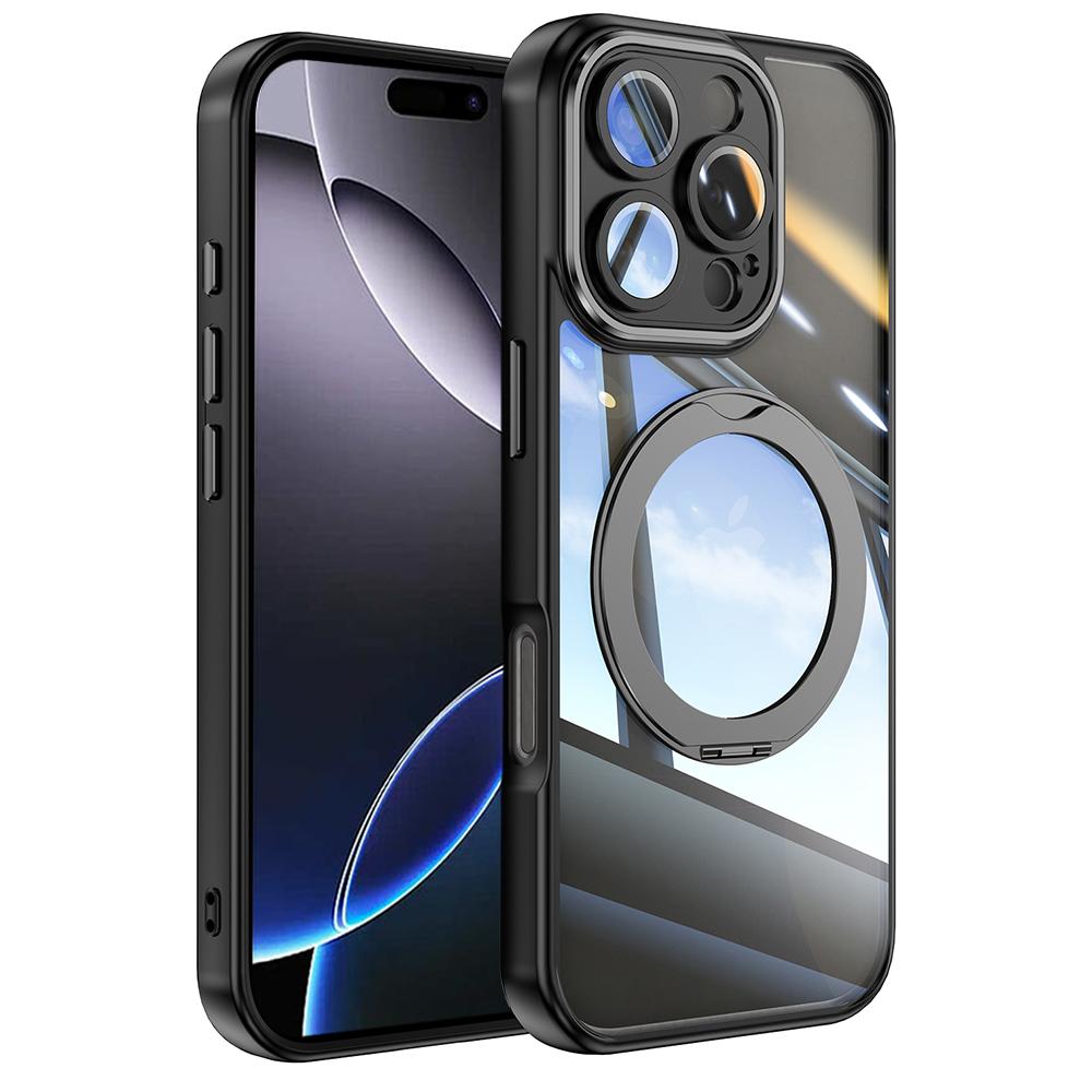 

For iPhone 16 Pro Case Rotatable Magnetic Kickstand TPU+PC Phone Cover with Lens Film Black