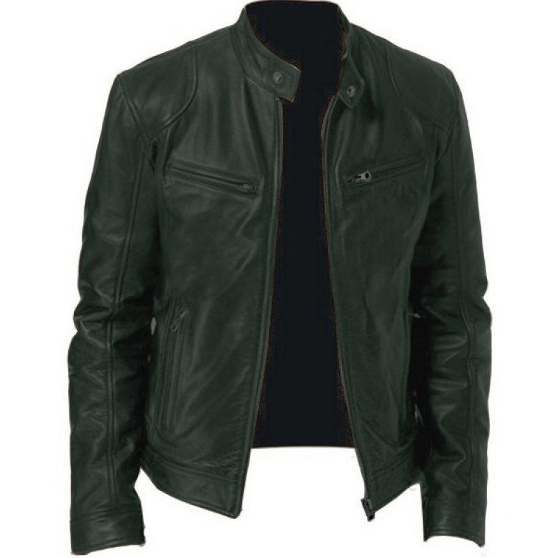 Winter Business Gentleman Warm Zip Cardigan Pocket Decorative PU Leather Jacket Stand-Up Collar Slim Leather Jacket P