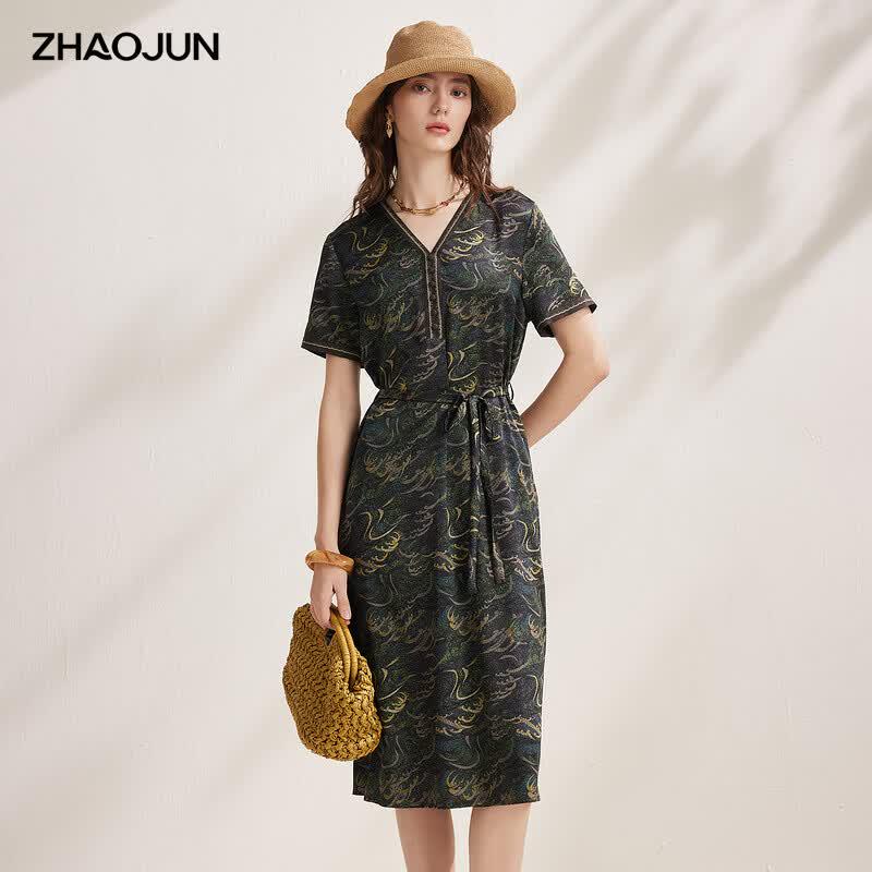 Zhaojun Women s New Chinese Style Mulberry Silk Belted Dress XL